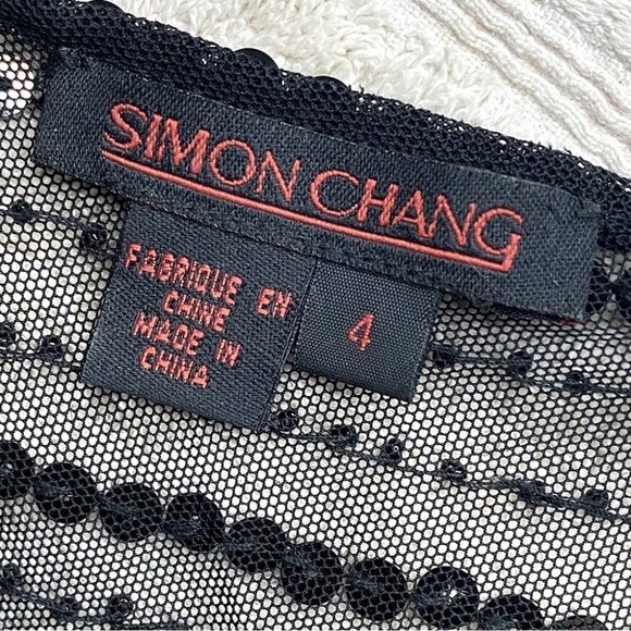 Simon Chang Sheer Black Deep V Neck Embroidered Sequinned Midi Dress 4 - Picture 3 of 13